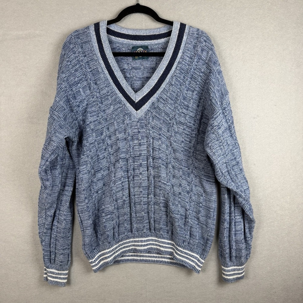 Jantzen Vtg Varsity V-Neck Chunky Sweater Blue Cable Knit Sz L Tennis Prep
